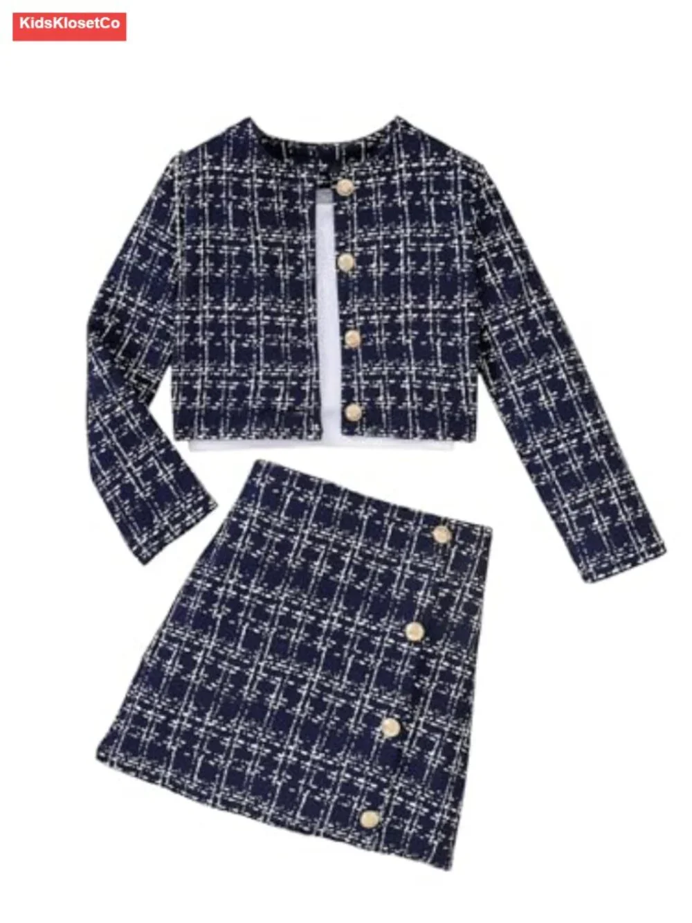 Girls 2 Piece Plaid Tweed Jacket and Ruffle Mini Skirt Set
